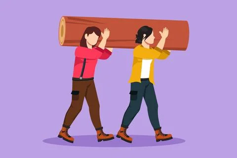 Cartoon flat style drawing two beautiful woman lumberjack laborers carrying.. Stock Illustration