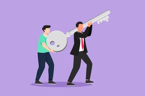 Cartoon flat style drawing two man hold together key to open locked door. K.. Stock Illustration