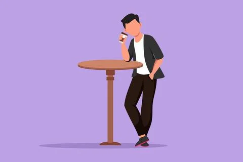 Cartoon flat style drawing young man stand at table in cafe, relaxing in ca.. Stock-Illustration