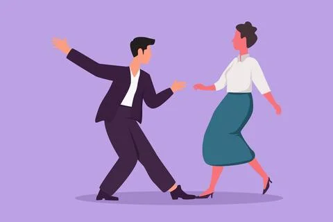 Cartoon flat style drawing of young man and woman dancing Lindy hop or Swin.. Stock Illustration