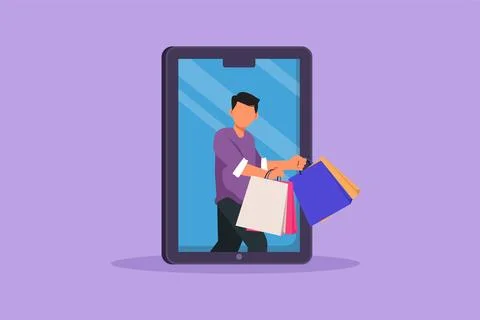 Cartoon flat style drawing young man coming out of large smartphone screen .. Stockillustratie