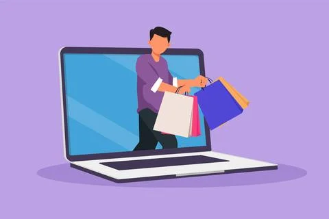 Cartoon flat style drawing young man coming out of laptop computer screen w.. Stock-Illustration