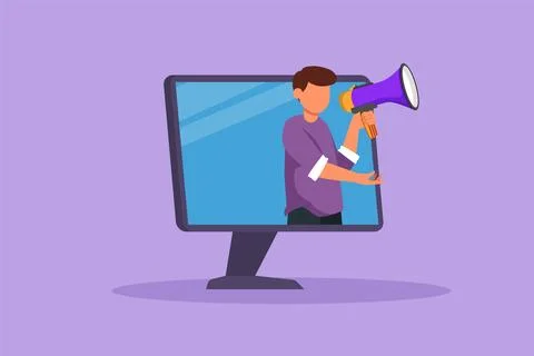 Cartoon flat style drawing young man coming out of monitor computer screen .. Stock-Illustration