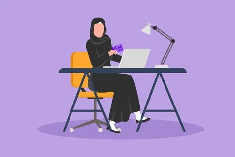 Cartoon flat style drawing young Arabian woman sitting on chair and typing .. Stock Illustration