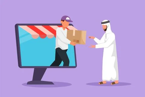 Cartoon flat style drawing young male courier comes out of canopy monitor c.. Stock Illustration