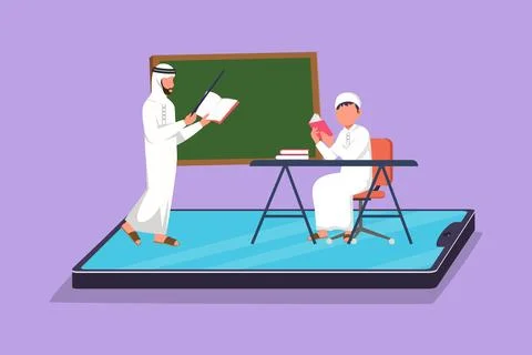 Cartoon flat style drawing of young Arabian male teacher teaching smart boy.. Stock Illustration