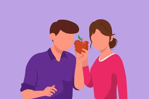 Cartoon flat style drawing young couple sharing apple. Man giving red fruit.. イラスト素材