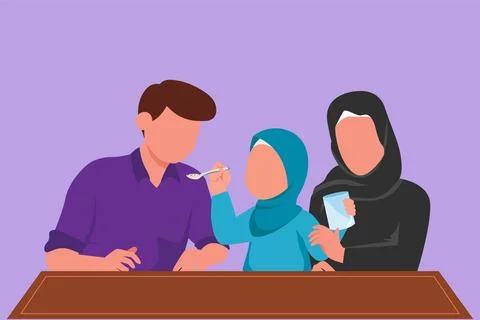 Cartoon flat style drawing young Arab family having breakfast together with.. Stock Illustration