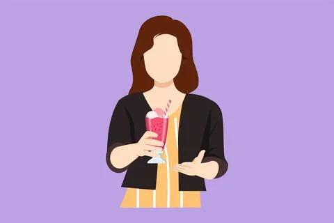 Cartoon flat style drawing young girl holding and showing glass of milkshak.. イラスト素材