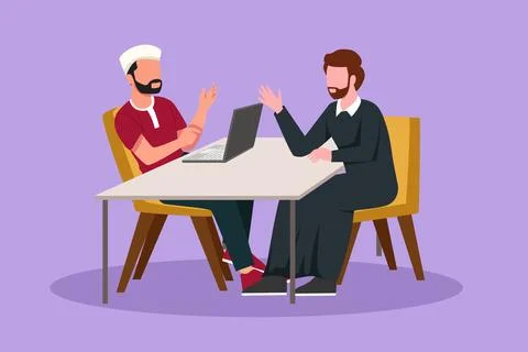 Cartoon flat style drawing young Arab male interviewing famous person in st.. イラスト素材