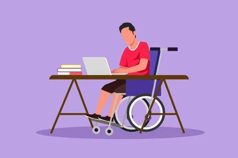 Cartoon flat style drawing of young man employee in wheelchair working with.. Stock Illustration