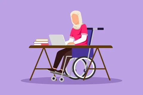 Cartoon flat style drawing young beautiful Arabian woman uses wheelchair, w.. Stock Illustration
