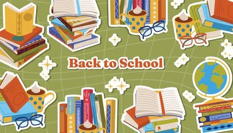 Cartoon flat style horizontal poster with quote back to school, books, stac.. Stock Illustration