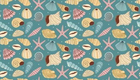 Cartoon flat style seamless pattern with starfish, seashell and small dot s.. Stock Illustration
