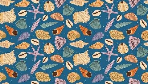 Cartoon flat style seamless pattern with different sea shell and small dot .. Stock Illustration