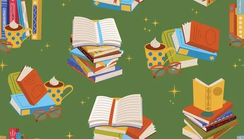 Cartoon flat style seamless pattern with book, stacks, reading glasses, and.. Stock Illustration