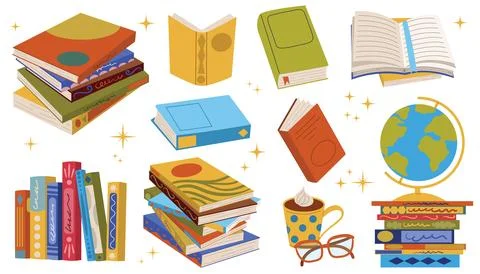 Cartoon flat style set with book stack, globe, reading glass, and cocoa mug. 스톡 일러스트