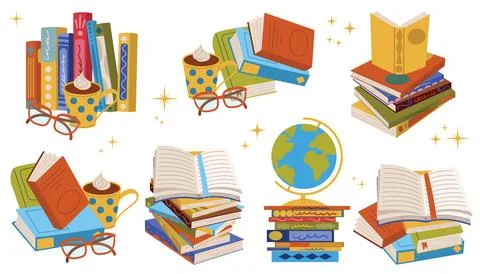 Cartoon flat style set of compositions with book stack, globe, reading glas.. Stock Illustration