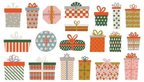 Cartoon flat style set of gift boxes in bright wrapping tied with colorful .. Stock Illustration