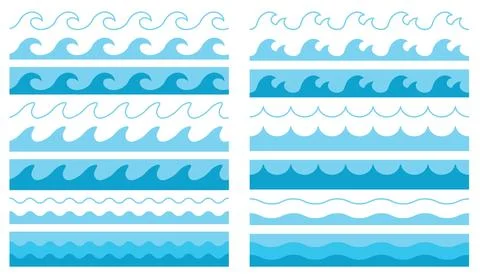 Cartoon flat style set of seamless borders with sea waves and water in thin.. Stock Illustration