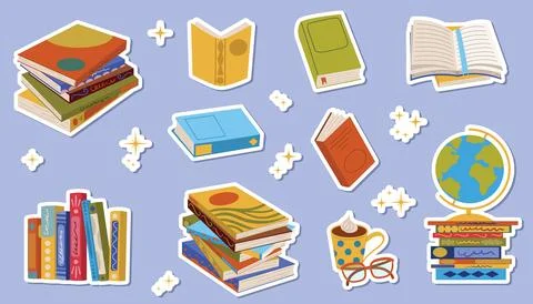 Cartoon flat style set of stickers with compositions of book stack, globe, .. Stock-Illustration