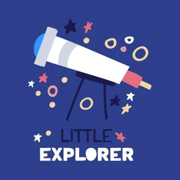 Cartoon flat telescope. Flat vector illustration with text little explorer on 스톡 일러스트