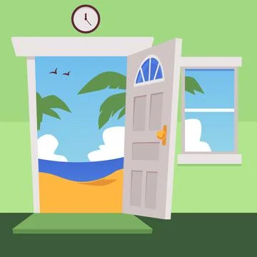 Cartoon flat vector illustration of open door and window on green wall, palm Stock Illustration