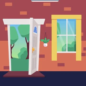 Cartoon flat vector illustration of open wooden door and window, sunny forest in Ilustración de archivo