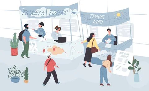 Cartoon flat visitors and workers characters at exhibition,vector illustration Illustrazione stock