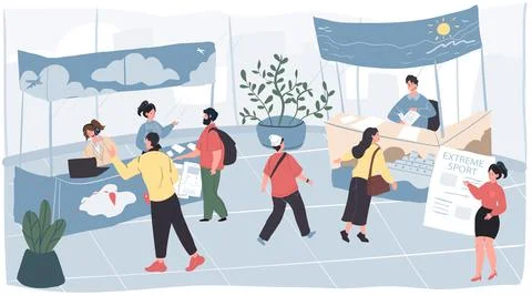 Cartoon flat visitors and workers characters at exhibition,vector illustration Stock Illustration