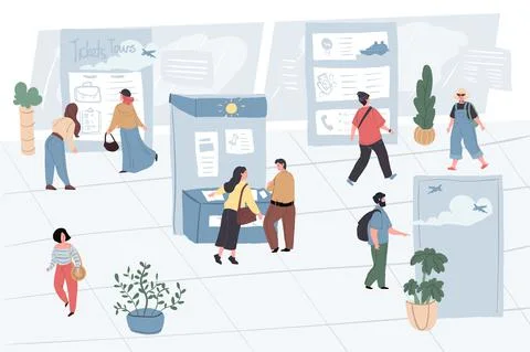 Cartoon flat visitors and workers characters at exhibition,vector illustration Stock Illustration