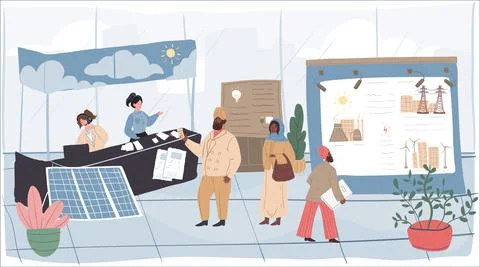 Cartoon flat visitors and workers characters at exhibition,vector illustration Stock Illustration