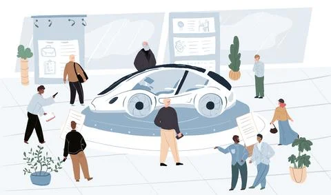 Cartoon flat visitors and workers characters at auto exhibition,vector Stock-Illustration