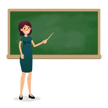 Cartoon flat women with pointer in the classroom near the blackboard is teaching Stock Illustration