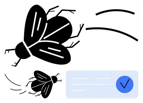 Cartoon Flies in Action with Completed Task Checkmark Stock Illustration