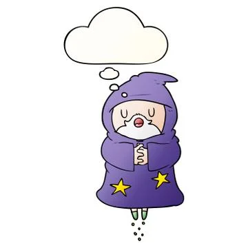 Cartoon floating wizard and thought bubble in smooth gradient style Ilustração Stock