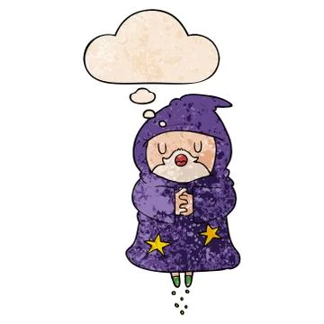 Cartoon floating wizard and thought bubble in grunge texture pattern style Stock Illustration