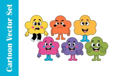 Cartoon Flower Character Vector Set – 6 Colorful Kids Designs Stock Illustration