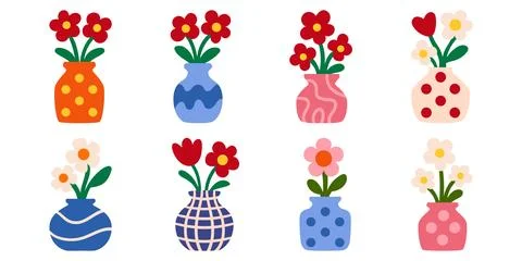 Cartoon flowers in decorative patterned vases set flat floral illustration .. Stock Illustration