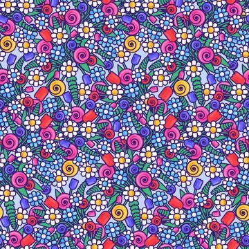 Cartoon Flowers Flat Seamless Pattern 스톡 일러스트