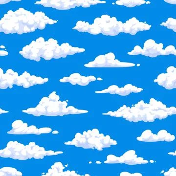 Cartoon fluffy clouds in blue sky seamless pattern Stockillustratie