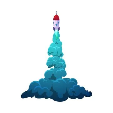 Cartoon flying rocket with flame trail, shuttle launch vector illustration. B 스톡 일러스트
