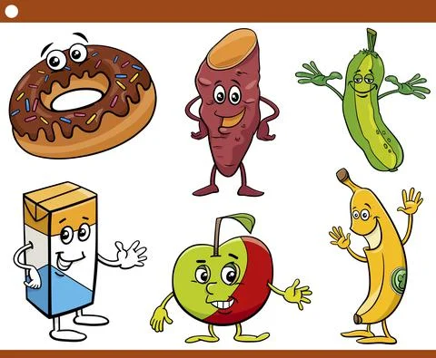 Cartoon food objects characters set Stock Illustration