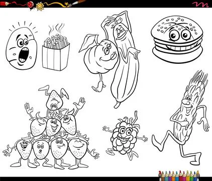 Cartoon food objects characters set coloring page Stock Illustration