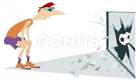 Cartoon football player has kicked a ball into a glass window illustration Stock Illustration