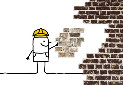 Cartoon foreman holding a missing piece for a wall Stock Illustration