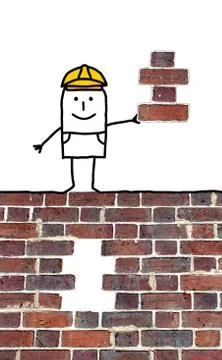Cartoon foreman holding a missing piece for a wall Stock Illustration