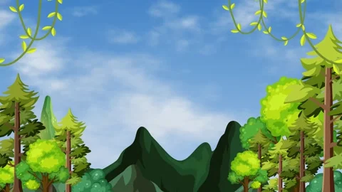 Cartoon Forest and Mountain Landscape with Clouds Moving Across Blue Sky Stock Footage 345118022