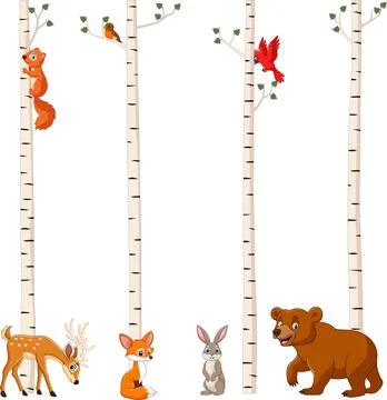 Cartoon forest animals with birch tree Ilustración de archivo