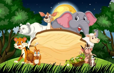 Cartoon Forest Animals Gathered Around Wooden Sign at Night Stock Illustration